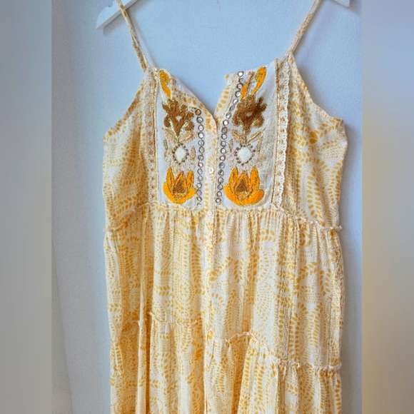 AYFEÈ Florence Italy Floral Embroidered Dress Cotton Yellow Golden Maxi Size XL - Picture 3 of 7
